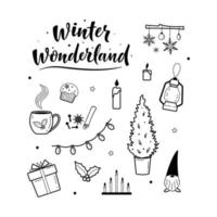 Big set of hygge lifestyle cozy elements. Winter wonderland. Winter elements for greeting cards, posters, stickers and seasonal design. Isolated on white background. Christmas decorations vector