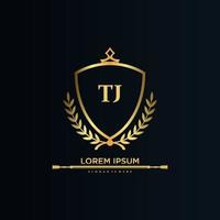 TJ Letter Initial with Royal Template.elegant with crown logo vector, Creative Lettering Logo Vector Illustration.