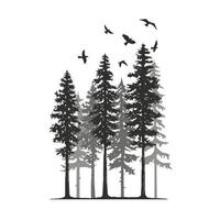 Silhouette of pine trees and birds vector illustration