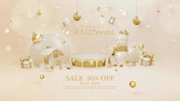 Luxury background with product display podium and 3d realistic christmas ornaments and sparkling light effect with bokeh decorations and snow. Vector illustration.