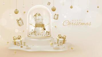 Luxury style background with 3d realistic christmas ornaments in glass bottle on podium with snow elements and glitter light effect decorations and bokeh. Vector illustration.