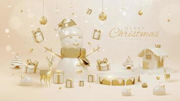 Product display podium with 3d realistic christmas ornaments and sparkling light effects with bokeh decorations and snow. Vector illustration.