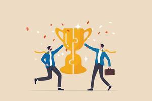 Win-win situation, agreement or solution to win together, solution for best result, teamwork to help success and achieve goal together concept, businessman connect trophy jigsaw piece to win together. vector