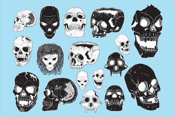 a collection of various kinds of images of human skulls. horror, mystical, black. various sides of the image.