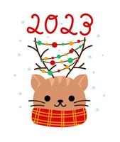 Hand drawn card with cute cat face in scaf, garland, text 2023. vector