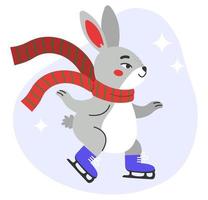 The hare with a scarf ice skating in winter. Flat vector illustration.