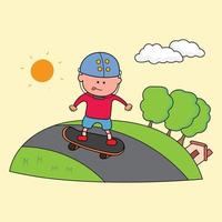 Kids drawing vector Illustration of little boy playing skateboard in a cartoon style