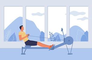 A young man is engaged in a rowing simulator. Vector illustration, side view in flat design style.