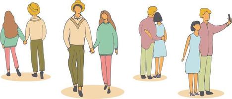 Young people hold hands, take selfies, walk. Vector hand-drawn illustration.