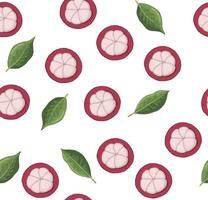 Pattern with mangosteen and leaves on a white background. vector