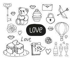 Set of elements for Valentine is Day heart, cake, cupcake, Arrow and bow, letter, elixir of love, lock with key. Vector illustration in monochrome colors.