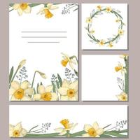 A set of cards with flowers. Daffodils, leaves, and twigs for your summer design. vector