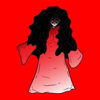 Vector illustration of a traditional Indonesian ghost named Kuntilanak on a red background