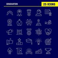 los iconos de la línea de graduación establecidos para el kit uxui móvil de infografía y el diseño de impresión incluyen bebida de vidrio, atención médica, mapa de graduación, ubicación, medalla, premio, icono, conjunto, vector