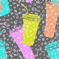 Hand drawn seamless pattern with coffee cups various shapes with drinking straws on bubbles background. Bright funny repeatable backdrop. vector