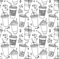Hand drawn seamless pattern with coffee cups various shapes with drinking straws. Monochrome linear funny background. vector