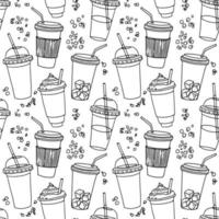 Hand drawn seamless pattern with coffee cups various shapes with drinking straws. Monochrome linear funny background. vector