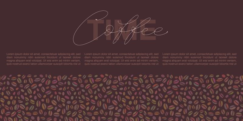 Hand drawn horizontal banner with seamless border pattern for marketing campaign, advertising, promotions. Colored coffee beans and Coffee time lettering in the center with text boxes.