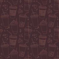 Hand drawn seamless pattern with coffee cups various shapes with drinking straws. Dark repeatable background. vector