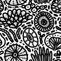 Hand drawn underwater natural ocean elements as a background. Seamless pattern with hand-drawn corals, sea urchins, sea weeds and jellyfish . Vector linear repeatable backdrop.