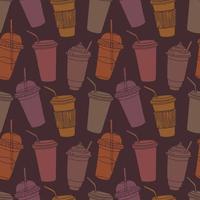 Hand drawn seamless pattern with coffee cups various shapes with drinking straws. Dark repeatable background. vector