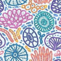 Hand drawn underwater natural ocean elements as a background. Seamless pattern with hand-drawn corals, sea urchins, sea weeds and jellyfish . Vector repeatable backdrop.