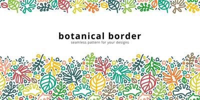 Vector seamless border pattern with botanical elements. Floral linear modern background. Horizontal card template with copy space.