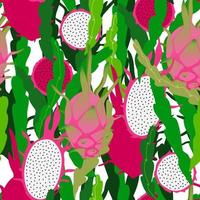 Summer seamless pattern with tropical fruit. Vector floral repeatable backdrop. Red dragonfruits with green stems background.