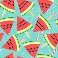 Vector seamless pattern with watermelon slices and leaves. Colorful hand-drawn repeatable background. Summer fruits with seeds backdrop.