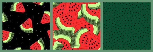 Vector seamless pattern set. Backgrounds with watermelon slices and seeds. Colorful hand-drawn repeatable backdrops.