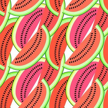 Vector seamless pattern with watermelon slices. Colorful hand-drawn repeatable background. Summer fruits with seeds backdrop.