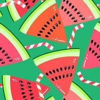 Vector seamless pattern with watermelon slices and cocktail straws. Colorful hand-drawn repeatable background. Summer fruits with seeds backdrop.