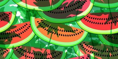 Vector seamless pattern with watermelon slices and leaves. Colorful hand-drawn repeatable background. Summer fruits with seeds backdrop.