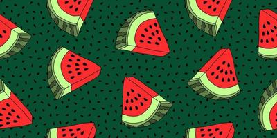 Vector seamless pattern with watermelon slices. Colorful hand-drawn repeatable background. Summer fruits with seeds backdrop.