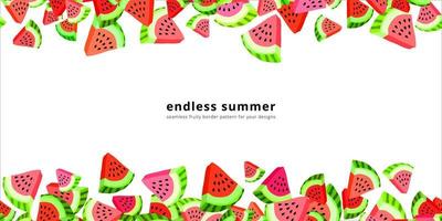 Vector seamless border pattern with watermelon slices. Colorful hand-drawn repeatable horizontal background. Summer fruits with seeds backdrop.