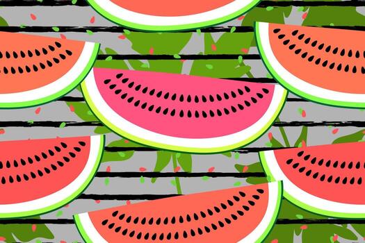Vector seamless pattern with watermelon slices. Colorful hand-drawn repeatable background. Summer fruits with seeds, leaves and stripes backdrop.