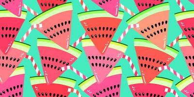 Vector seamless pattern with watermelon slices and cocktail straws. Colorful hand-drawn repeatable background. Summer fruits with seeds backdrop.