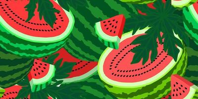 Vector seamless pattern with watermelon slices and leaves. Colorful hand-drawn repeatable background. Summer fruits with seeds backdrop.
