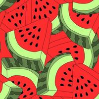 Vector seamless pattern with watermelon slices. Colorful hand-drawn repeatable background. Summer fruits with seeds backdrop.