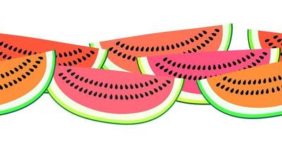 Vector seamless border pattern with watermelon slices. Colorful hand-drawn repeatable horizontal background. Summer fruits with seeds backdrop.