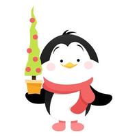 A cute penguin in a red scarf holds a Christmas tree in a pot in his hand vector