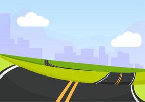 Empty road with two yellow stripes in the middle on the sides with green grass and a city in perspective vector