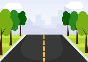 Empty road in perspective with green trees on the sides and the city in the back vector