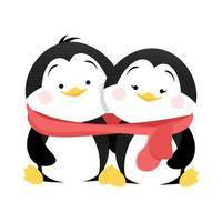 Two cute penguins stand near the Christmas tree vector