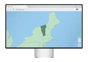 Computer monitor with map of Vermont in browser, search for the country of Vermont on the web mapping program. vector
