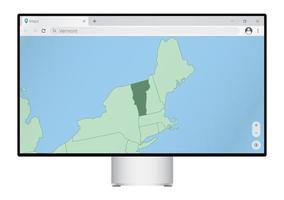 Computer monitor with map of Vermont in browser, search for the country of Vermont on the web mapping program. vector