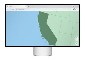 Computer monitor with map of California in browser, search for the country of California on the web mapping program. vector