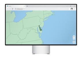 Computer monitor with map of Delaware in browser, search for the country of Delaware on the web mapping program. vector