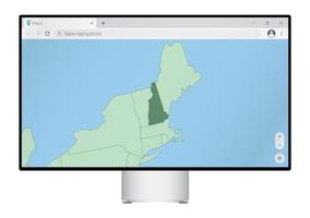 Computer monitor with map of New Hampshire in browser, search for the country of New Hampshire on the web mapping program. vector