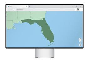 Computer monitor with map of Florida in browser, search for the country of Florida on the web mapping program. vector